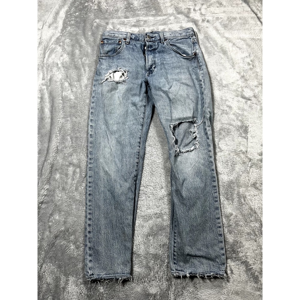 Levis 501XX 93 Straight Mens 31x30 Blue Jeans Distressed Ripped Light Wash